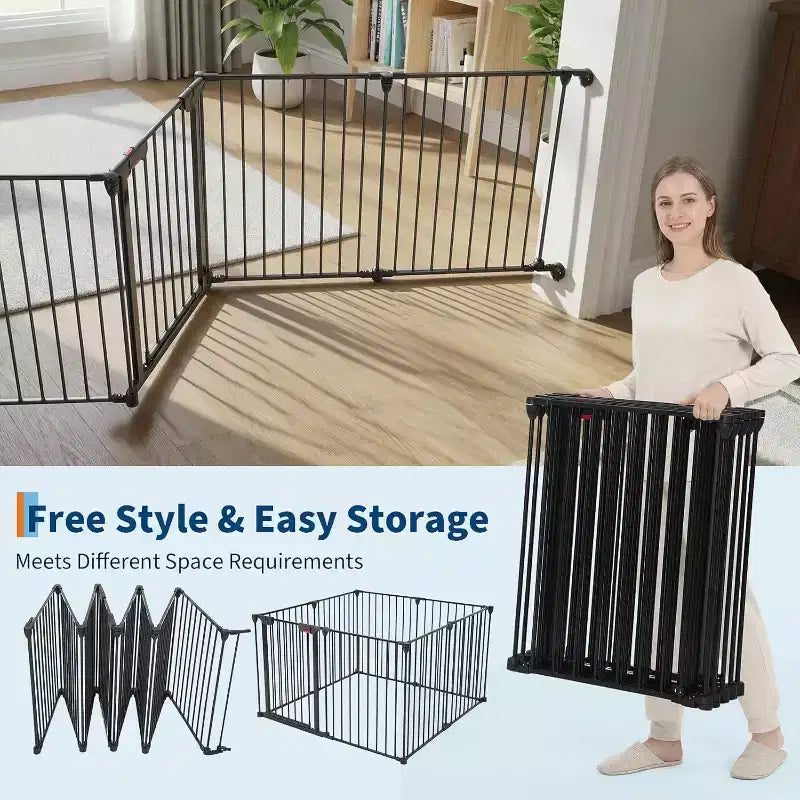 LinTimes Adjustable Pet Gate with Locking Door - Expandable to 201.6 Inches, 3-8 Panel Metal Dog Barrier, Freestanding Home Safety Fence,