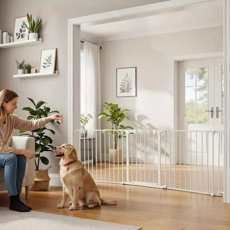 LinTimes Adjustable Pet Gate with Locking Door - Expandable to 201.6 Inches, 3-8 Panel Metal Dog Barrier, Freestanding Home Safety Fence,
