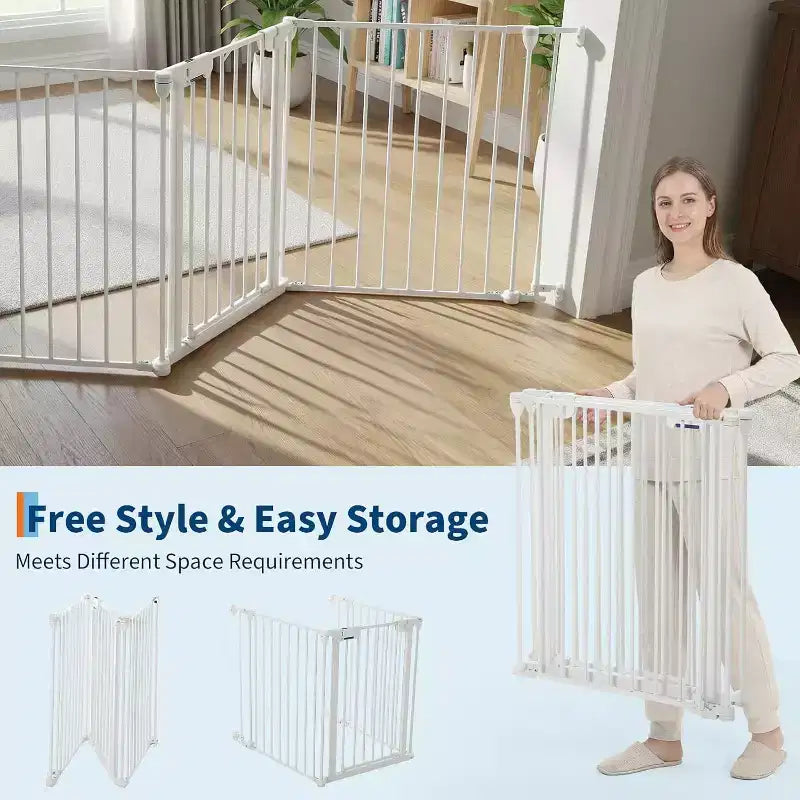 LinTimes Adjustable Pet Gate with Locking Door - Expandable to 201.6 Inches, 3-8 Panel Metal Dog Barrier, Freestanding Home Safety Fence,