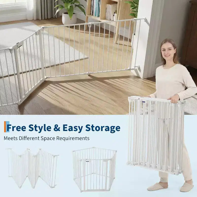 LinTimes Adjustable Pet Gate with Locking Door - Expandable to 201.6 Inches, 3-8 Panel Metal Dog Barrier, Freestanding Home Safety Fence,