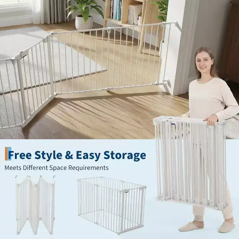 LinTimes Adjustable Pet Gate with Locking Door - Expandable to 201.6 Inches, 3-8 Panel Metal Dog Barrier, Freestanding Home Safety Fence,
