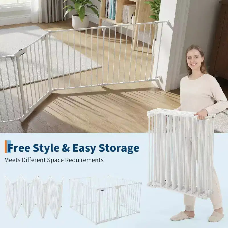 LinTimes Adjustable Pet Gate with Locking Door - Expandable to 201.6 Inches, 3-8 Panel Metal Dog Barrier, Freestanding Home Safety Fence,