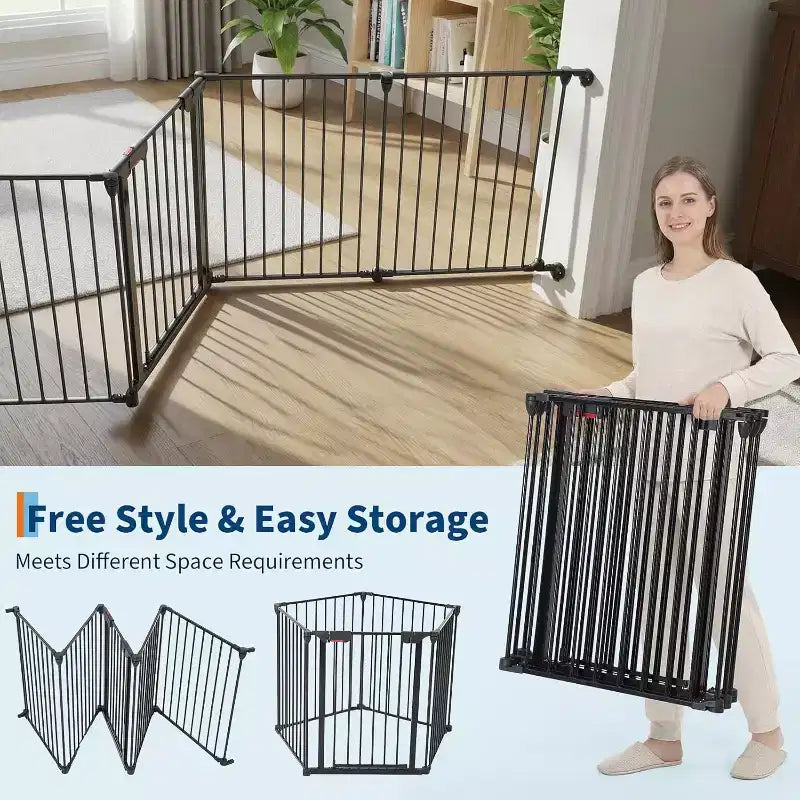 LinTimes Adjustable Pet Gate with Locking Door - Expandable to 201.6 Inches, 3-8 Panel Metal Dog Barrier, Freestanding Home Safety Fence,