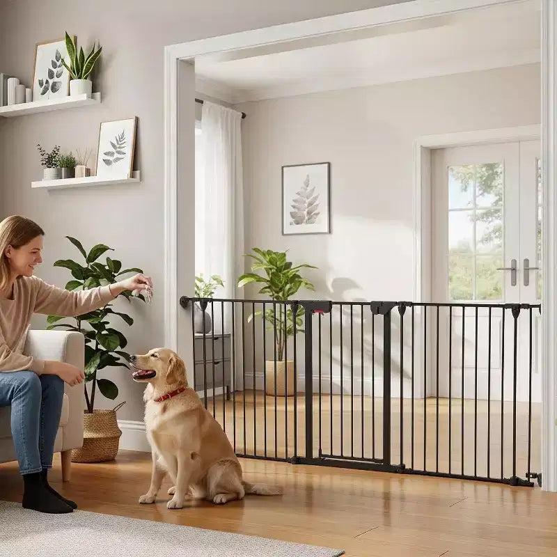 LinTimes Adjustable Pet Gate with Locking Door - Expandable to 201.6 Inches, 3-8 Panel Metal Dog Barrier, Freestanding Home Safety Fence,