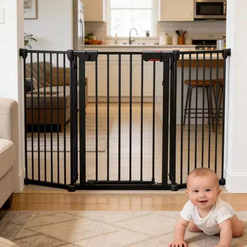 LinTimes Adjustable Pet Gate with Locking Door - Expandable to 201.6 Inches, 3-8 Panel Metal Dog Barrier, Freestanding Home Safety Fence,