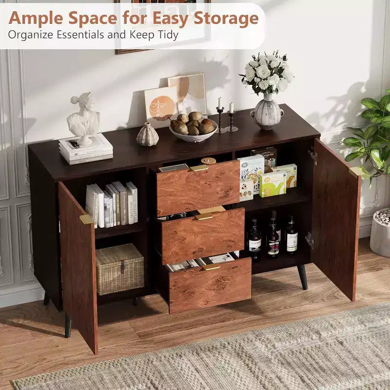 Sideboard Buffet Cabinet with Drawers and Shelves, Credenza Storage Coffee Bar with Metal Handles, Robot Vacuum Friendly for Kitchen and Dining
