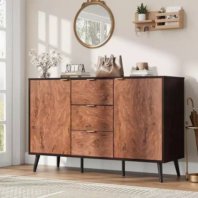 Sideboard Buffet Cabinet with Drawers and Shelves, Credenza Storage Coffee Bar with Metal Handles, Robot Vacuum Friendly for Kitchen and Dining