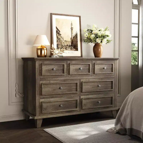 7 Drawer Dresser for Bedroom,Large Wooden Storage Chest of Drawers with Metal Handles,47 Wide Dresser TV Stand, Drawer Organizer for Living Room