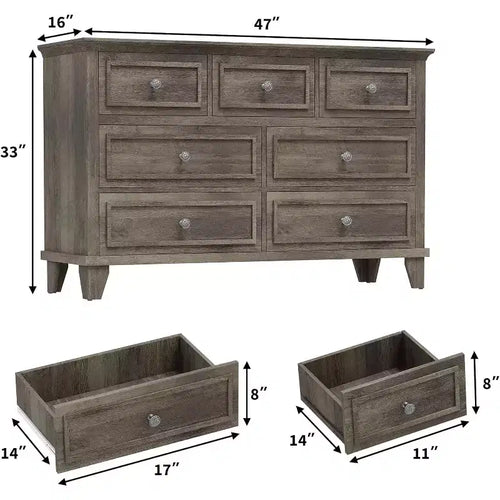 Commode 7 tiroirs pour chambre à coucher, grande commode de rangement en bois avec poignées métalliques, meuble TV commode de 120 cm de large, organisateur de tiroirs pour salon
