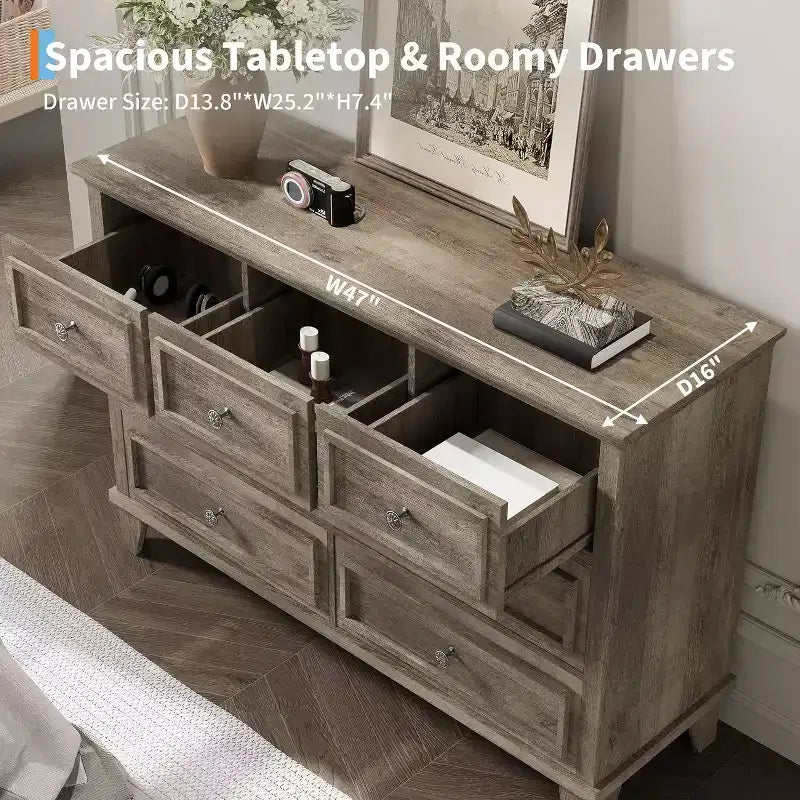 7 Drawer Dresser for Bedroom,Large Wooden Storage Chest of Drawers with Metal Handles,47 Wide Dresser TV Stand, Drawer Organizer for Living Room