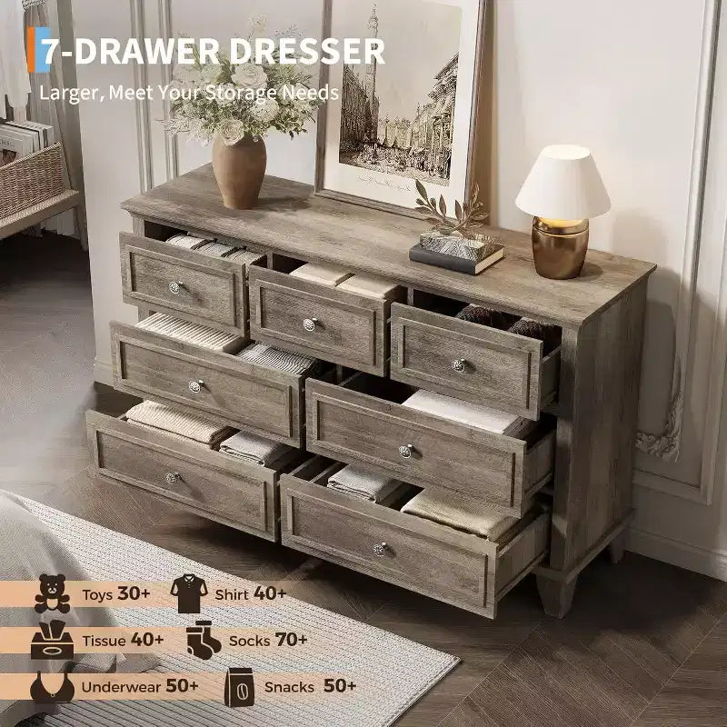 7 Drawer Dresser for Bedroom,Large Wooden Storage Chest of Drawers with Metal Handles,47 Wide Dresser TV Stand, Drawer Organizer for Living Room