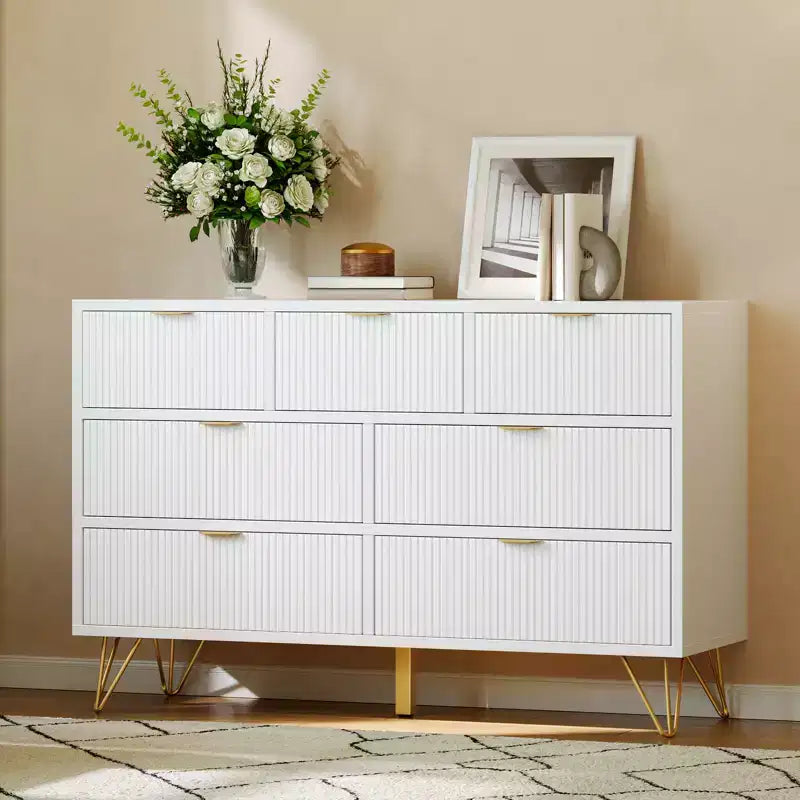 7 Drawer Dresser for Bedroom, Modern Chest of Drawers with Gold Metal Handles & Feet,Wood TV Stand Storage Organizer for Living Room