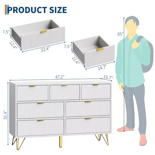 Commode 7 tiroirs pour chambre à coucher, commode moderne avec poignées et pieds en métal doré, organisateur de rangement TV en bois pour salon