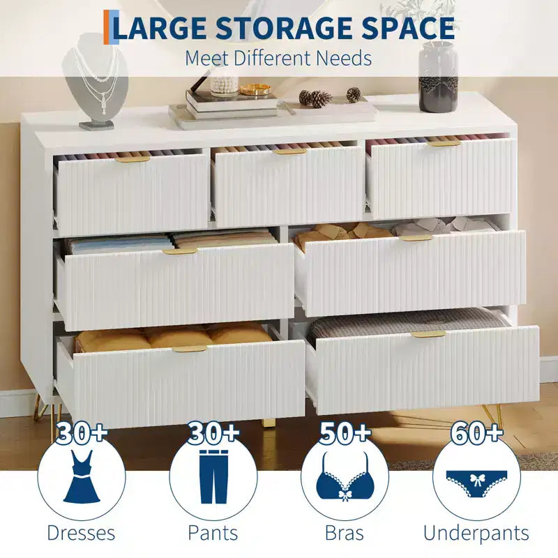 7 Drawer Dresser for Bedroom, Modern Chest of Drawers with Gold Metal Handles & Feet,Wood TV Stand Storage Organizer for Living Room