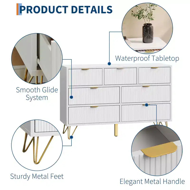 7 Drawer Dresser for Bedroom, Modern Chest of Drawers with Gold Metal Handles & Feet,Wood TV Stand Storage Organizer for Living Room