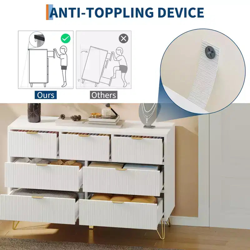 7 Drawer Dresser for Bedroom, Modern Chest of Drawers with Gold Metal Handles & Feet,Wood TV Stand Storage Organizer for Living Room
