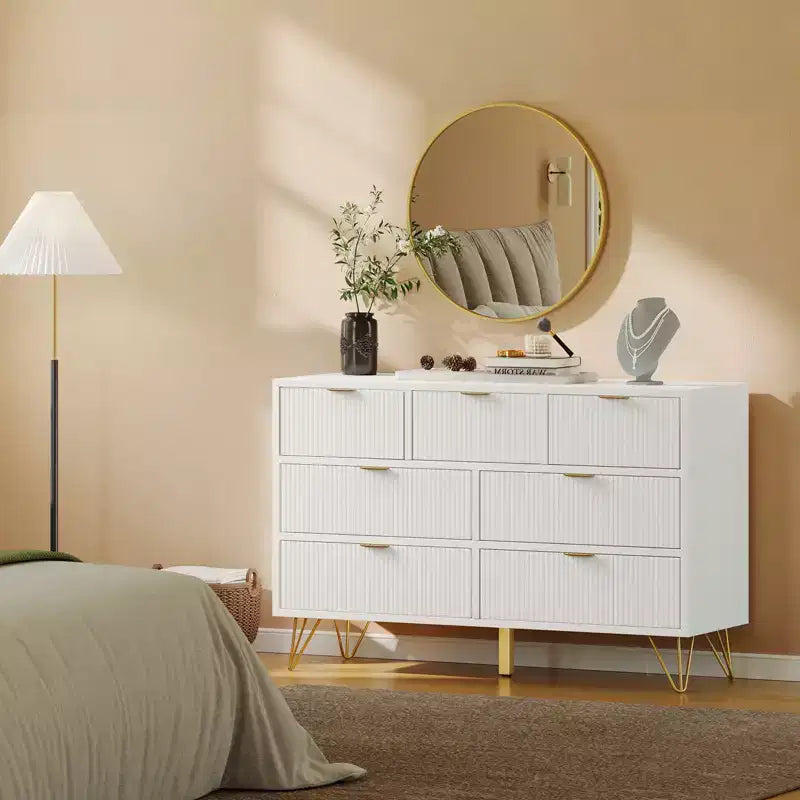 7 Drawer Dresser for Bedroom, Modern Chest of Drawers with Gold Metal Handles & Feet,Wood TV Stand Storage Organizer for Living Room