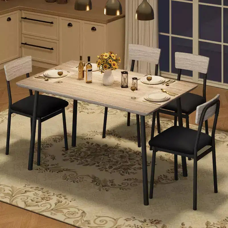 Dining Table Set for 4 with 4 Upholstered Chairs, Dining Room Table Set for 4 w/Beveled Edge Design, Wood Kitchen Table Chairs Set of 4 for Dining