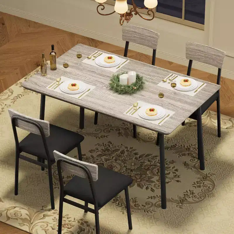 Dining Table Set for 4 with 4 Upholstered Chairs, Dining Room Table Set for 4 w/Beveled Edge Design, Wood Kitchen Table Chairs Set of 4 for Dining