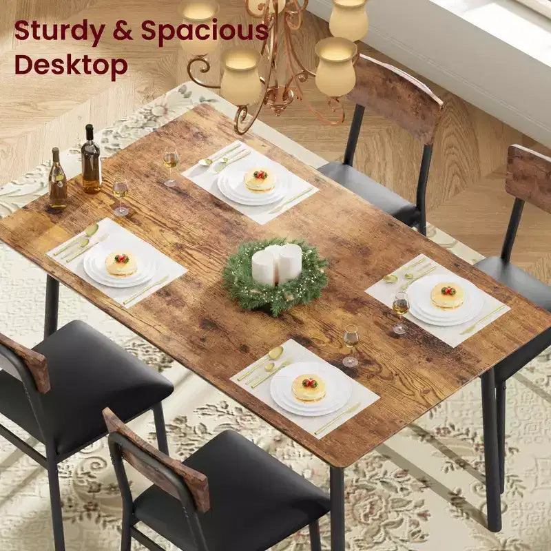 Dining Table Set for 4 with 4 Upholstered Chairs, Dining Room Table Set for 4 w/Beveled Edge Design, Wood Kitchen Table Chairs Set of 4 for Dining