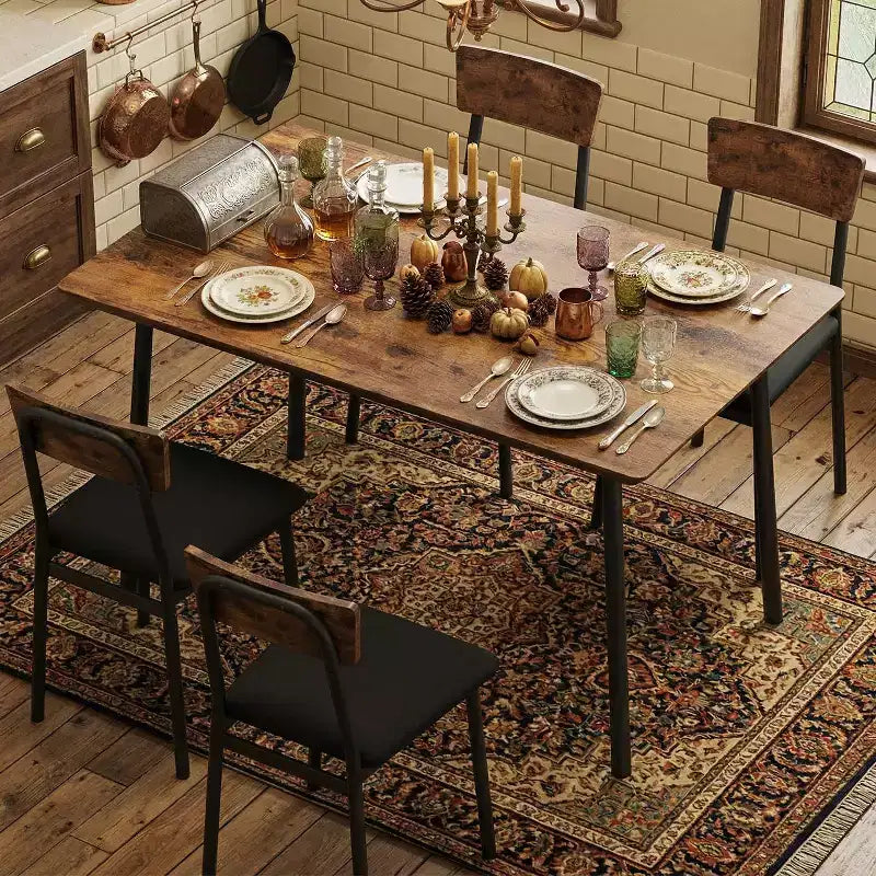 Dining Table Set for 4 with 4 Upholstered Chairs, Dining Room Table Set for 4 w/Beveled Edge Design, Wood Kitchen Table Chairs Set of 4 for Dining