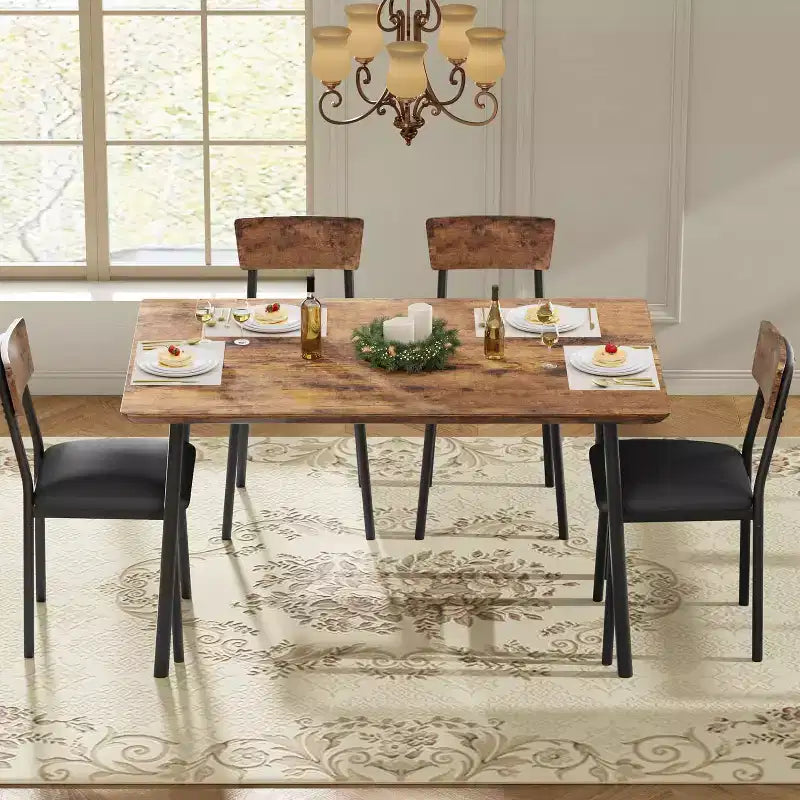 Dining Table Set for 4 with 4 Upholstered Chairs, Dining Room Table Set for 4 w/Beveled Edge Design, Wood Kitchen Table Chairs Set of 4 for Dining