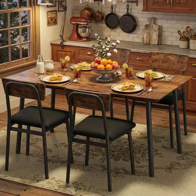 Dining Table Set for 4 with 4 Upholstered Chairs, Dining Room Table Set for 4 w/Beveled Edge Design, Wood Kitchen Table Chairs Set of 4 for Dining