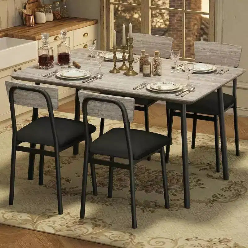 Ensemble Table et 4 Chaises de Salle à Manger, Ensemble Table de Salle à Manger pour 4 avec 4 Chaises Rembourrées, Design à Bord Biseauté, Ensemble Table et Chaises de Cuisine en Bois pour 4