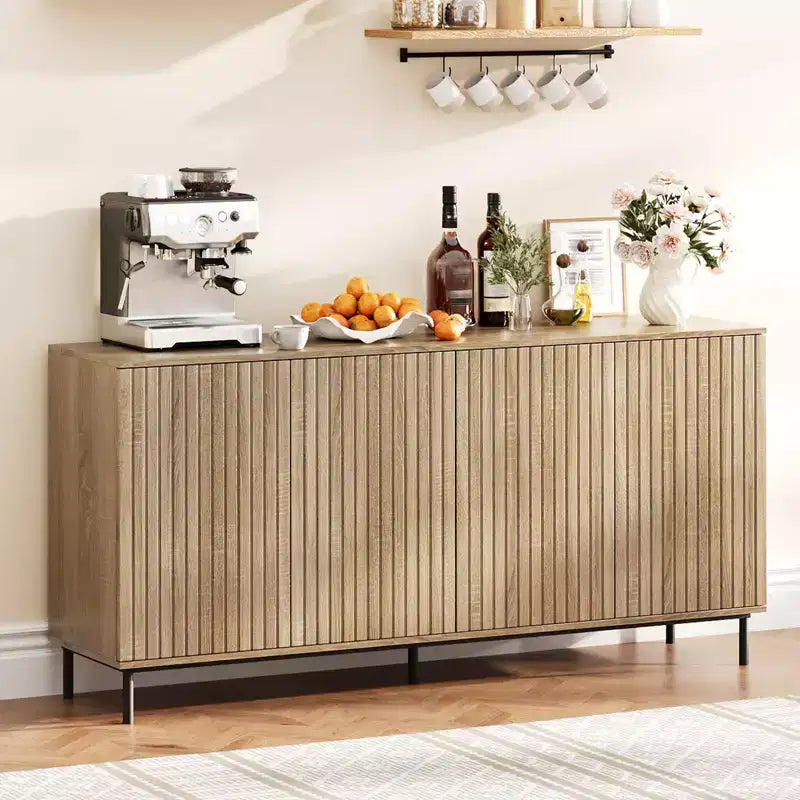 63 Modern Fluted Sideboard Buffet Cabinet, 4-Door Accent Table with Metal Legs & Adjustable Shelves, Dining Room