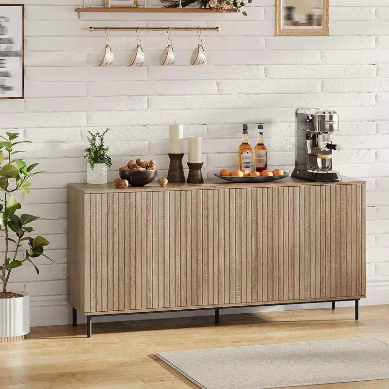 63 Modern Fluted Sideboard Buffet Cabinet, 4-Door Accent Table with Metal Legs & Adjustable Shelves, Dining Room