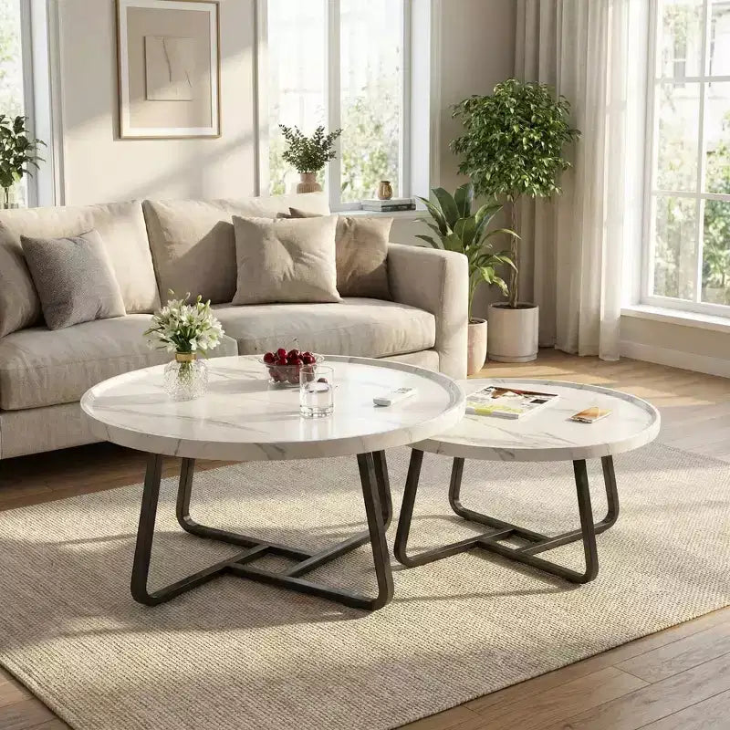 Modern Nesting Coffee Table Set of 2  Fluted Wood Circle Tables  Sturdy Metal Frame  Easy Assembly  Ideal for Living Room, Bedroom