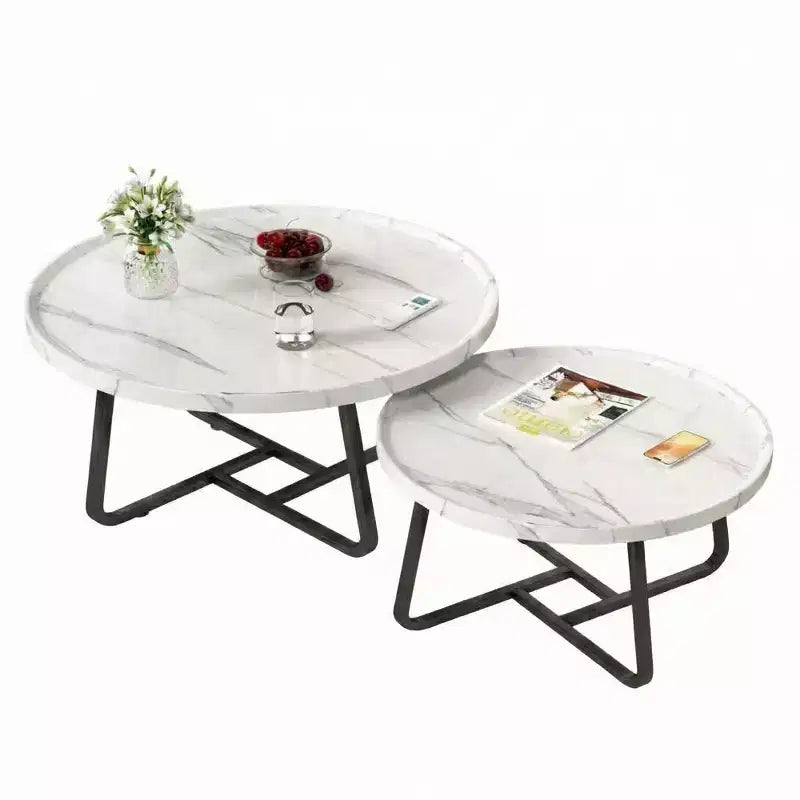 Modern Nesting Coffee Table Set of 2  Fluted Wood Circle Tables  Sturdy Metal Frame  Easy Assembly  Ideal for Living Room, Bedroom