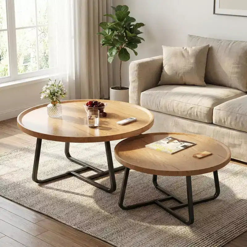 Modern Nesting Coffee Table Set of 2  Fluted Wood Circle Tables  Sturdy Metal Frame  Easy Assembly  Ideal for Living Room, Bedroom
