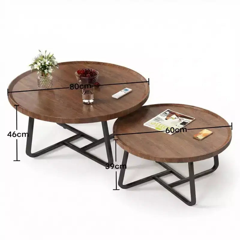 Modern Nesting Coffee Table Set of 2  Fluted Wood Circle Tables  Sturdy Metal Frame  Easy Assembly  Ideal for Living Room, Bedroom
