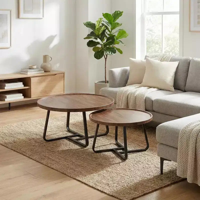 Modern Nesting Coffee Table Set of 2  Fluted Wood Circle Tables  Sturdy Metal Frame  Easy Assembly  Ideal for Living Room, Bedroom