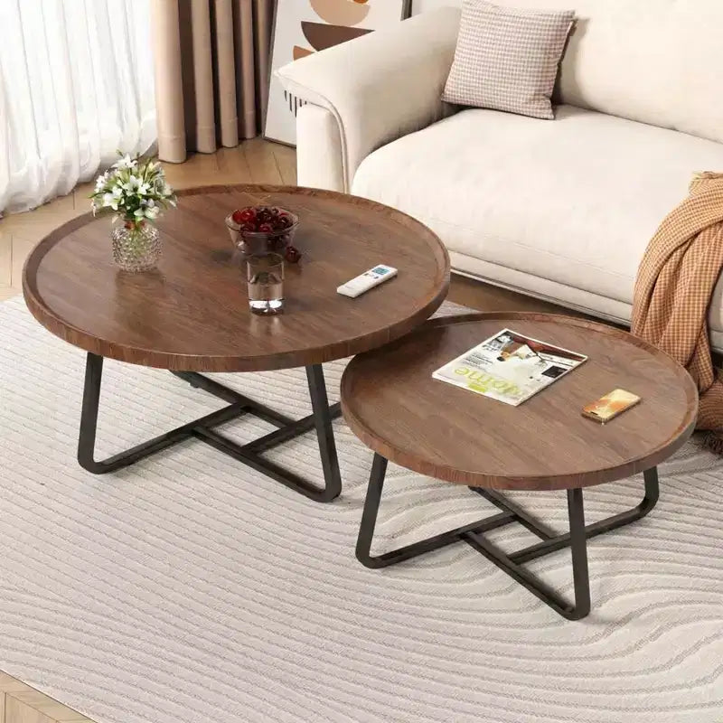 Ensemble de 2 tables basses gigognes modernes Tables rondes en bois cannelé Structure métallique robuste Montage facile Idéal pour le salon et la chambre à coucher