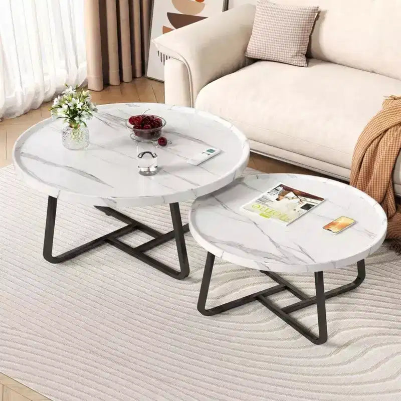 Ensemble de 2 tables basses gigognes modernes Tables rondes en bois cannelé Structure métallique robuste Montage facile Idéal pour le salon et la chambre à coucher