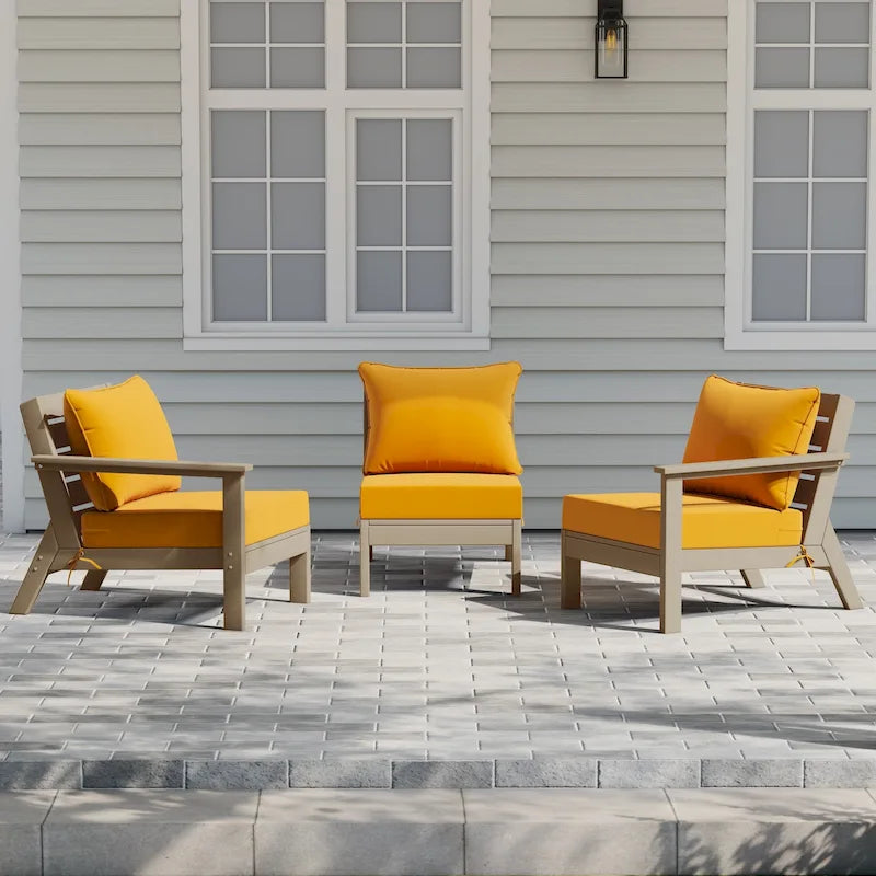Polytrends Birchwood Canapé d'extérieur 3 places en PEHD aspect bois vieilli résistant aux intempéries, avec coussins (3 pièces)