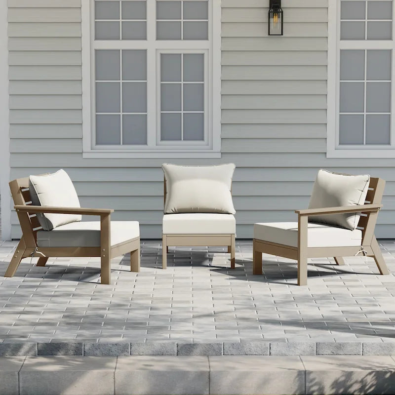 Polytrends Birchwood Canapé d'extérieur 3 places en PEHD aspect bois vieilli résistant aux intempéries, avec coussins (3 pièces)