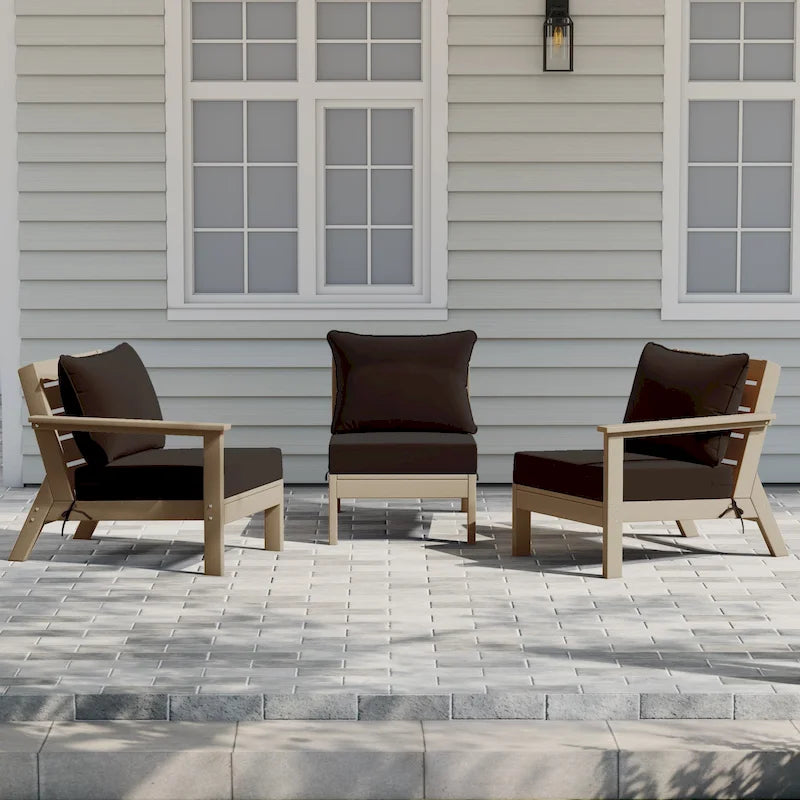 Polytrends Birchwood Canapé d'extérieur 3 places en PEHD aspect bois vieilli résistant aux intempéries, avec coussins (3 pièces)