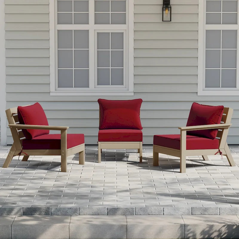 Polytrends Birchwood Canapé d'extérieur 3 places en PEHD aspect bois vieilli résistant aux intempéries, avec coussins (3 pièces)