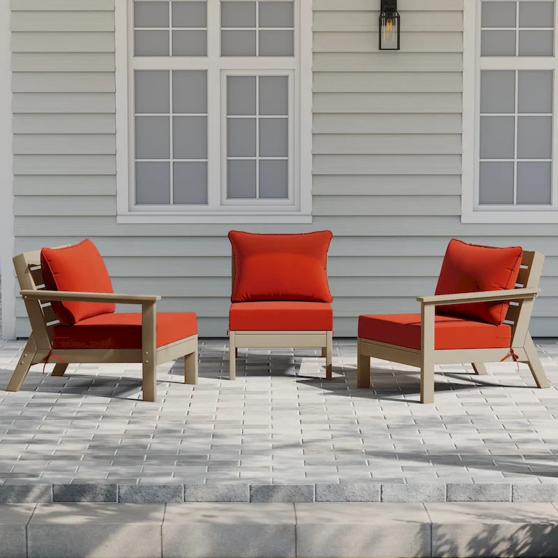 Polytrends Birchwood Canapé d'extérieur 3 places en PEHD aspect bois vieilli résistant aux intempéries, avec coussins (3 pièces)