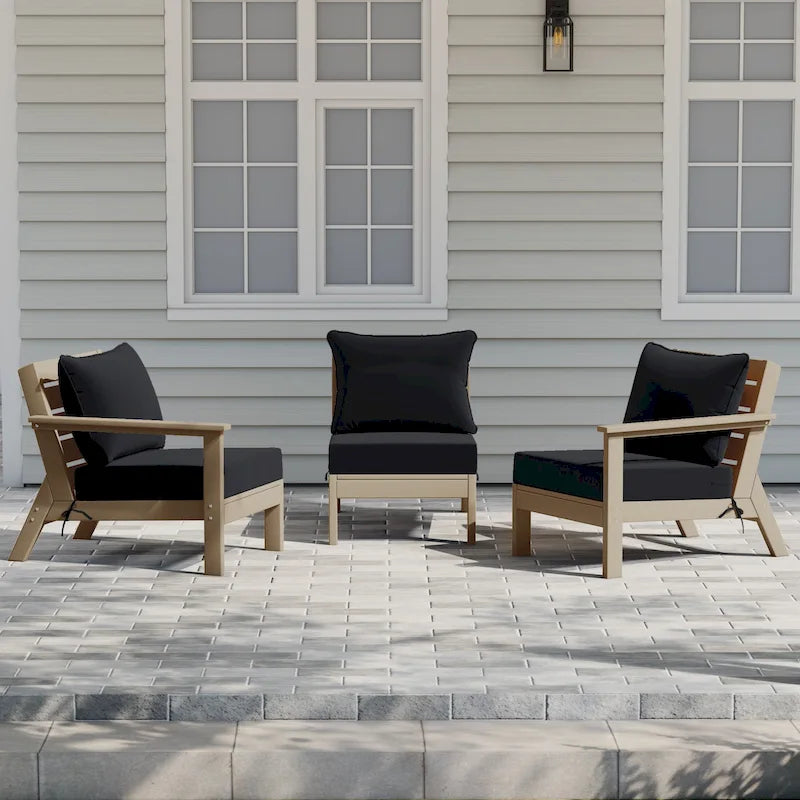 Polytrends Birchwood Canapé d'extérieur 3 places en PEHD aspect bois vieilli résistant aux intempéries, avec coussins (3 pièces)