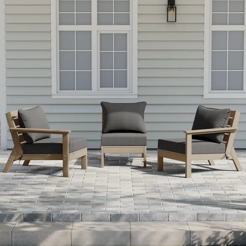 Polytrends Birchwood Canapé d'extérieur 3 places en PEHD aspect bois vieilli résistant aux intempéries, avec coussins (3 pièces)