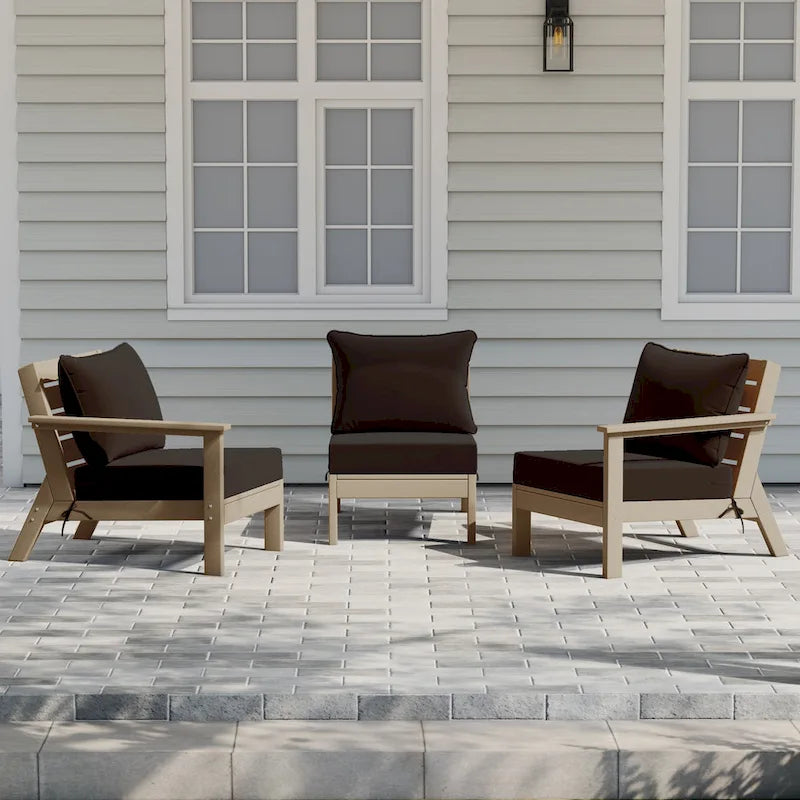 Polytrends Birchwood All Weather HDPE Outdoor Patio Deep Seating Weathered Wood Sofa With Cushions (3-Piece)