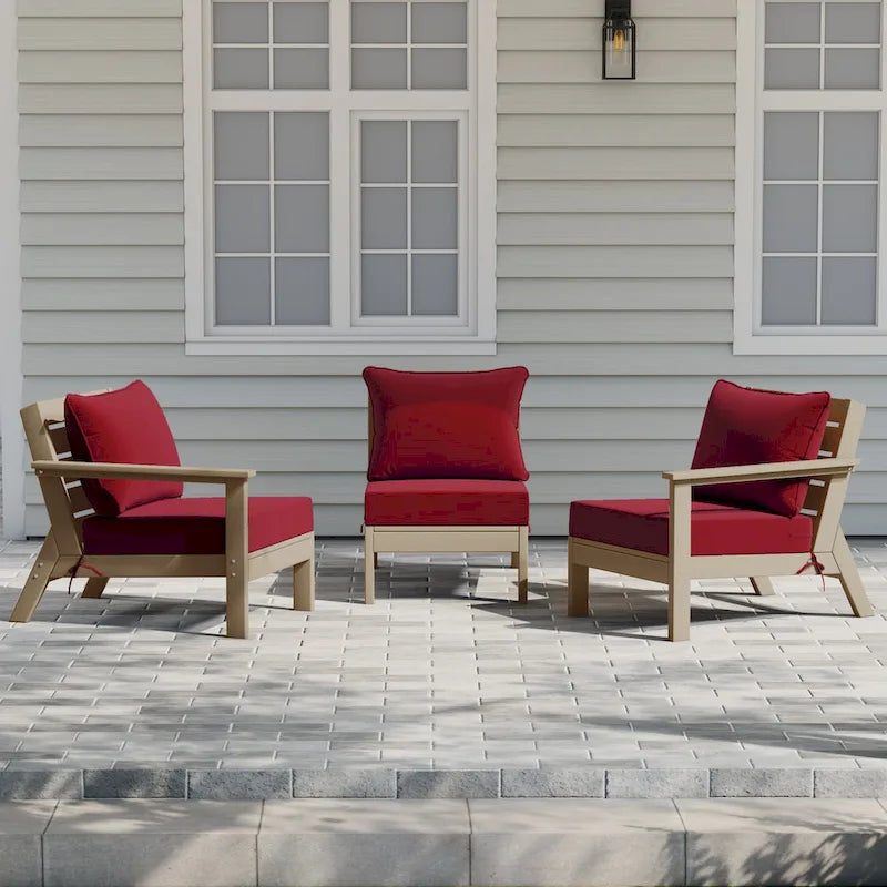 Polytrends Birchwood Canapé d'extérieur 3 places en PEHD aspect bois vieilli résistant aux intempéries, avec coussins (3 pièces)