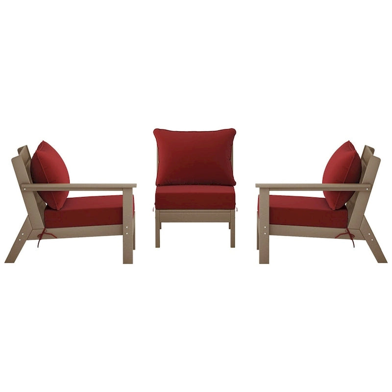 Polytrends Birchwood Canapé d'extérieur 3 places en PEHD aspect bois vieilli résistant aux intempéries, avec coussins (3 pièces)