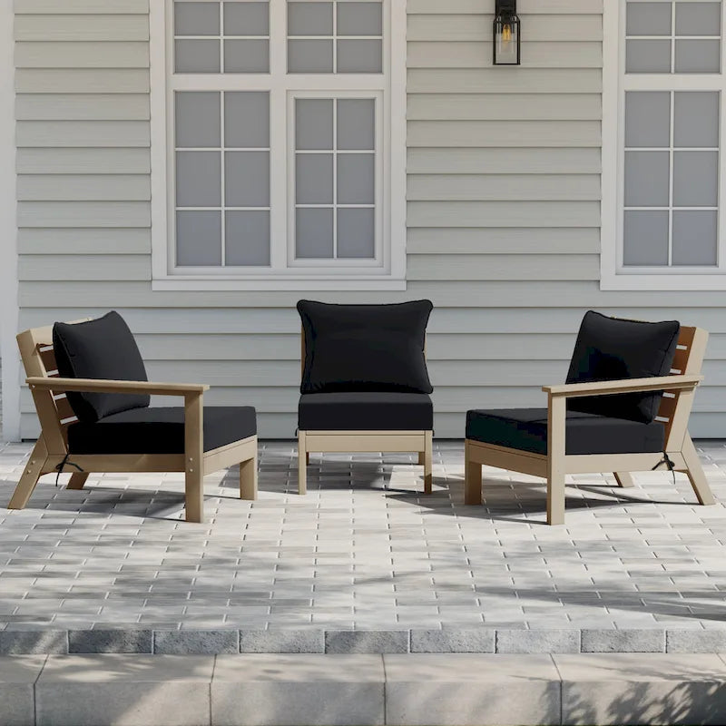 Polytrends Birchwood Canapé d'extérieur 3 places en PEHD aspect bois vieilli résistant aux intempéries, avec coussins (3 pièces)