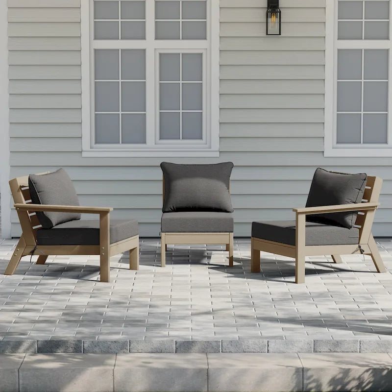Polytrends Birchwood Canapé d'extérieur 3 places en PEHD aspect bois vieilli résistant aux intempéries, avec coussins (3 pièces)