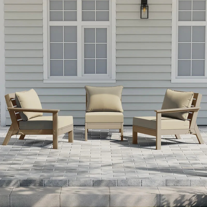 Polytrends Birchwood Canapé d'extérieur 3 places en PEHD aspect bois vieilli résistant aux intempéries, avec coussins (3 pièces)